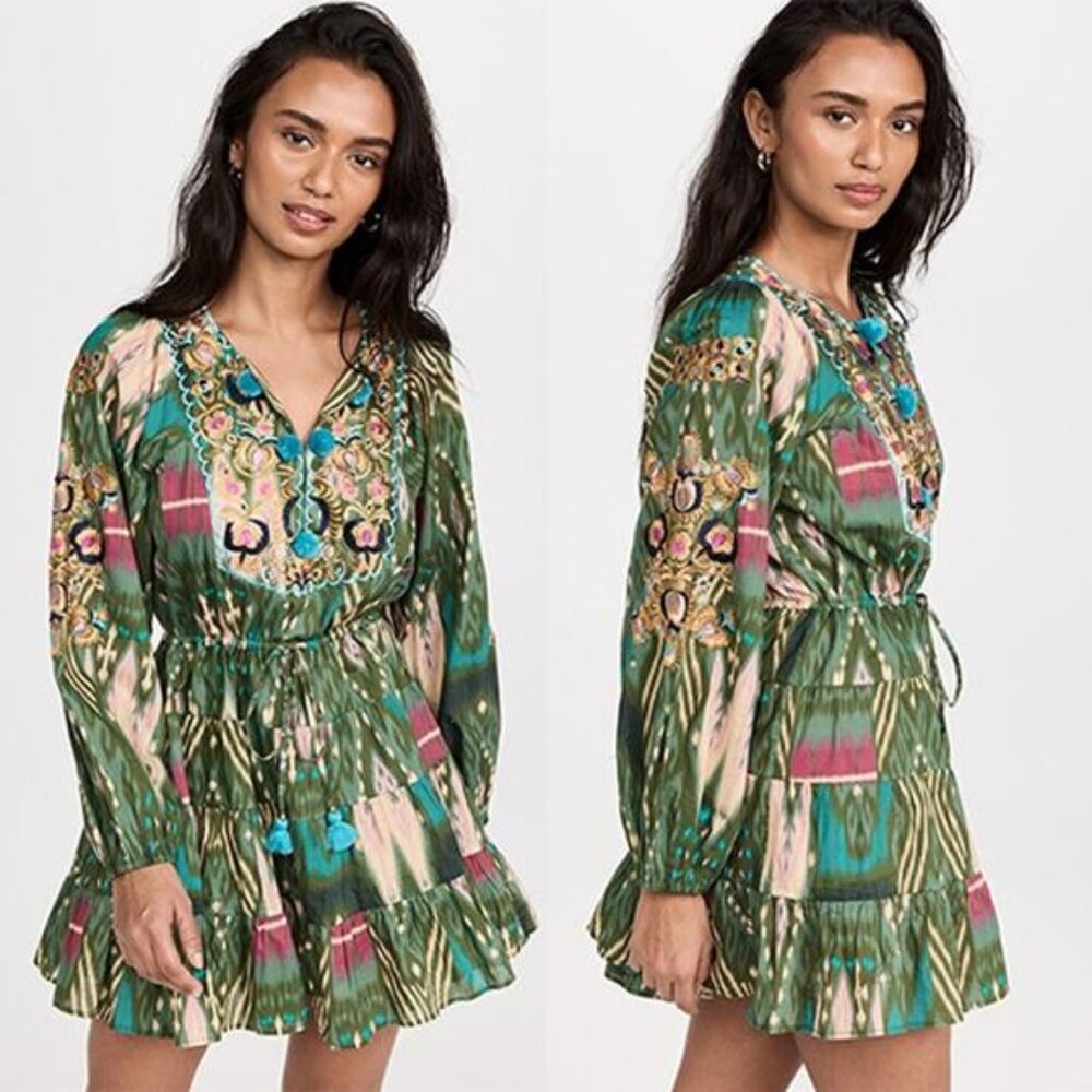 NEW Figue Josie Salome Ikat Print Fatigue Green V-Neck Long Sleeve Mini Dress